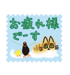 ネコと小鳥の切手スタンプ（個別スタンプ：2）